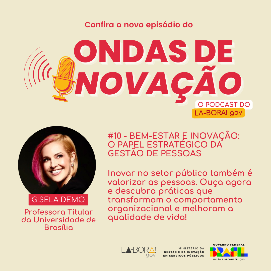 Card de divulgação do 9º episódio do podcast. Contém as informações do nome e o resumo do episódio. Tem uma foto do rosto de Gisela Demo, apresentadora desse episódio. Mulher branca, cabelos curtos e lisos na cor loira com mexa rosas. Ela sorri olhando para o horizonte.