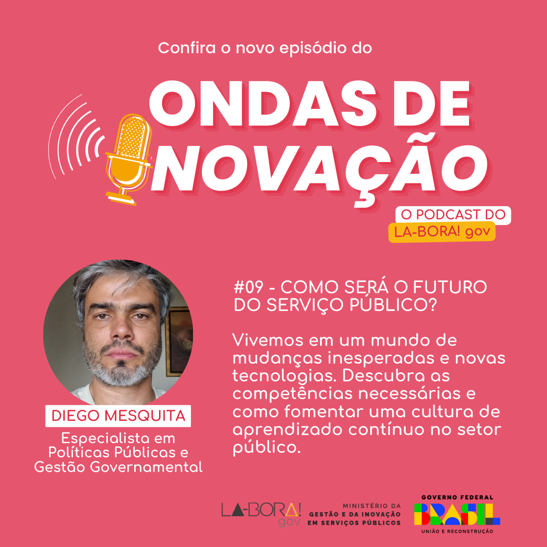 Card de divulgação do 9º episódio do podcast. Contém as informações do nome e o resumo do episódio. Tem uma foto do rosto de Diego Mesquita, apresentador desse episódio. Homem branco, cabelos e barba grisalhos.