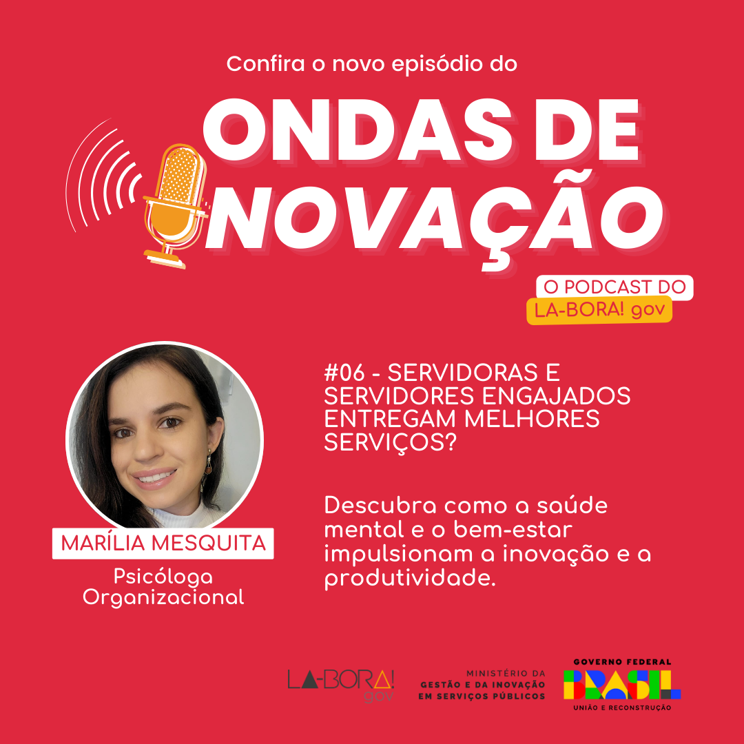 Card de divulgação com a informação: Confira o 6º episódio do Ondas de Inovação, o podcast do LA-BORA!gov. #06 - Servidoras e servidores públicos engajados entregam melhores serviços? Com Marília Resende, psicóloga organizacional.