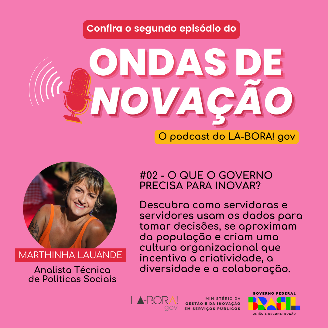 Confira o segundo episódio do Ondas de Inovação, o Podcast do LA-BORA!gov. O que o governo precisa para inovar? Descubra como servidoras e servidores usam os dados para tomar decisões, se aproximam da população e criam uma cultura organizacional que incentiva a criatividade, a diversidade e a colaboração. Com Marthinha Lauande, Analista Técnica de Politicas Sociais