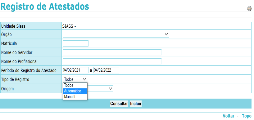 Tela de registro de atestado do SIAPE Saúde