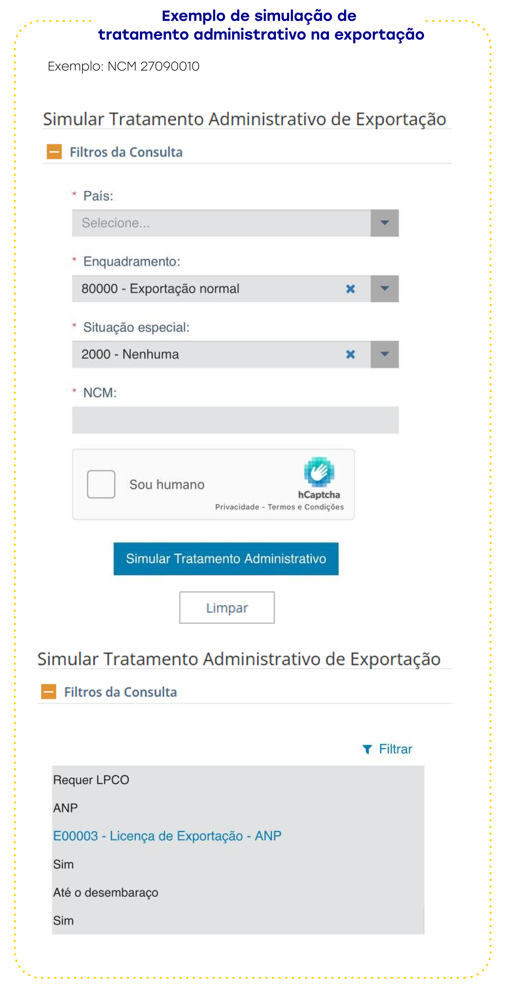 Exemplo de simulação de tratamento administrativo na exportação