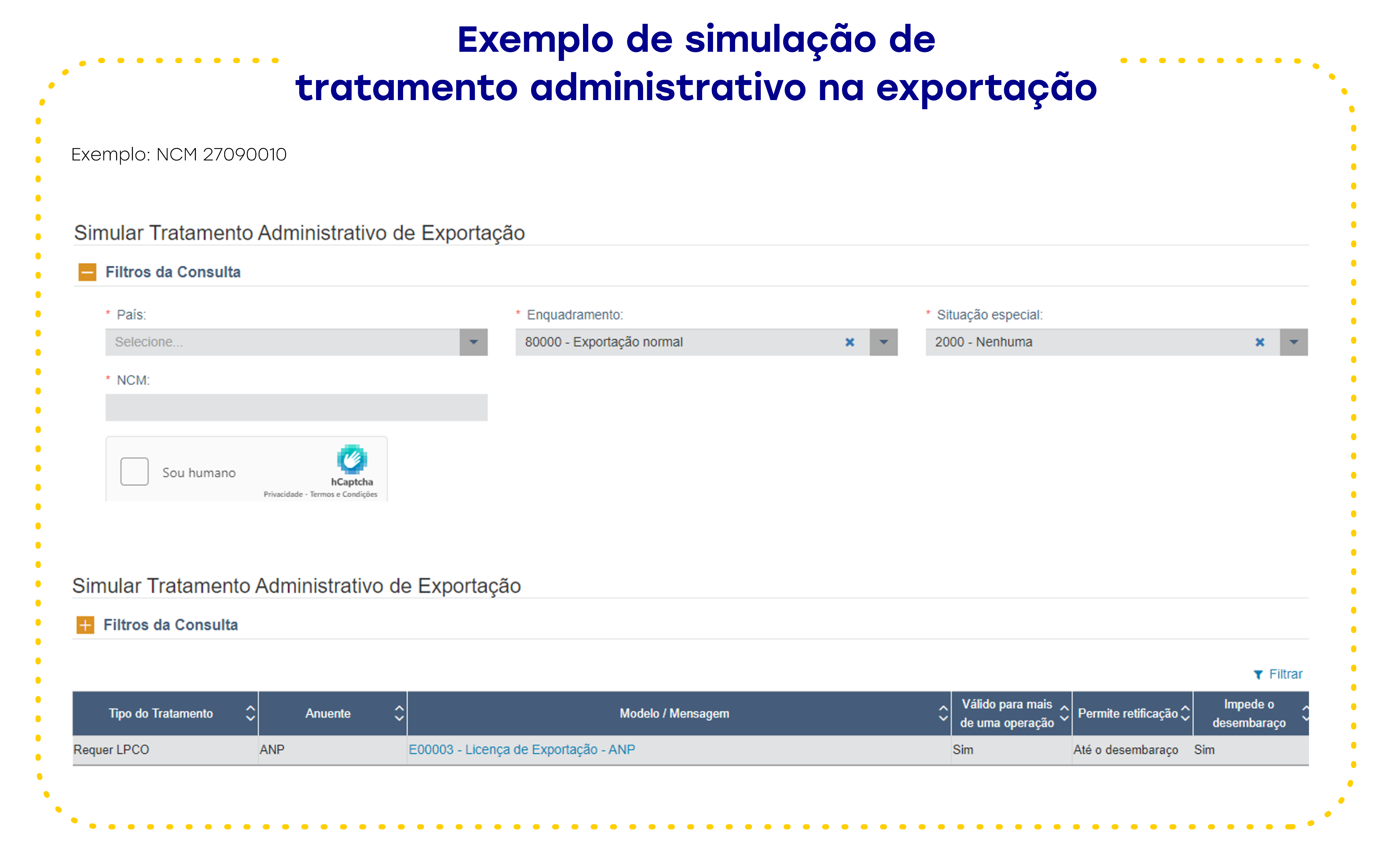 Imagem com exemplo de simulação de tratamento administrativo na exportação