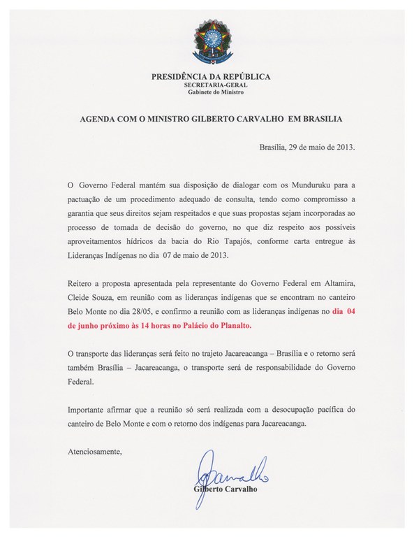 Ofício do ministro Gilberto Carvalho às lideranças Munduruku