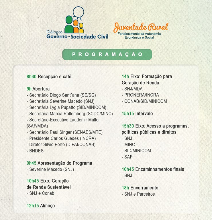 Veja a programação completa do encontro, intitulado “Diálogo com a Juventude Rural para o Fortalecimento da Autonomia Econômica e Social”.