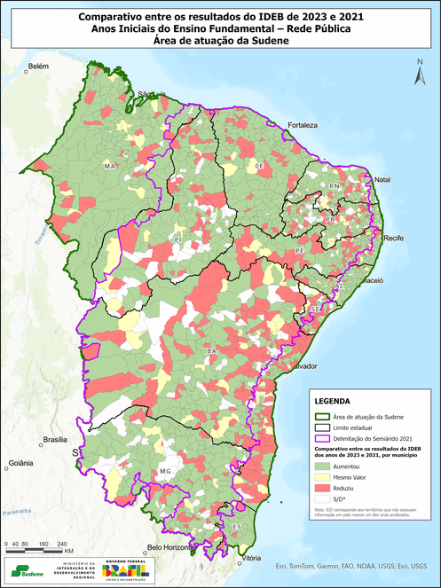 Comparativo entre os resultados do IDEB de 2021 e 2023, anos iniciais do ensino fundamental, rede pública