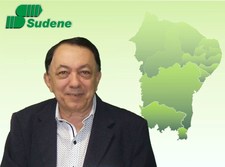 Ilustração do superintendente Paes Ladim ao lado do mapa do Nordeste e a logo da Sudene acima.