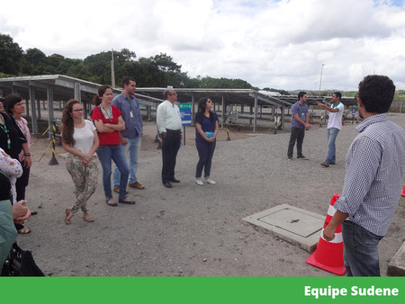 Várias pessoas numa área de placas solares. Elas estão de pé e conversando entre si.