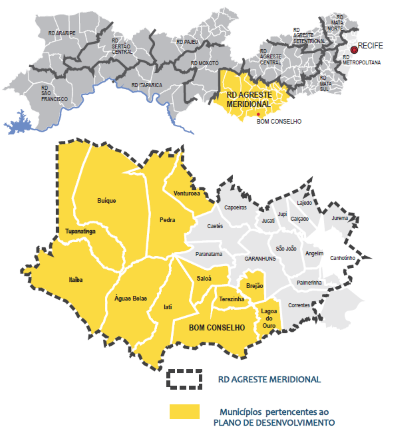 Ilustração que mostra o estado de Pernambuco destacando a Região de Desenvolvimento do Agreste Meridional destacando os munícipios participantes do Plano de Desenvolvimento.