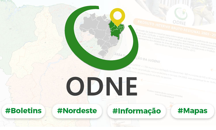 Marca do ODNE. Mapa do Brasil na cxor cinza, com destaque verde na Região Nordeste, dentro de um círculo verde, aberto na lateral direita superior. Abaixo está escrito ODNE. Mais abaixo estão as boletins, Nordeste, informação e mapas.