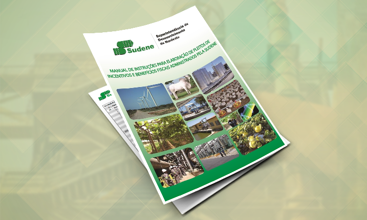 Imagem da capa do Manual de Instruções para Elaboração de Pleitos de Incentivos e Benefícios fiscais. A capa conta com imagens de várias atividades produtivas, com energia eólica, pecuária, agricultura e indústria.