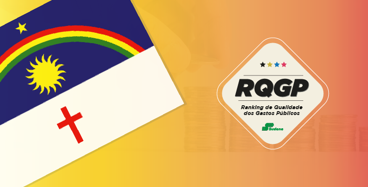 Arte com a bandeira de Pernambuco à esquerda e o selo em forma de losango (à direita) com a seguinte inscriçãao: RQGP (na parte superior) e Ranking de Qualidade dos Gastos Públicos (na parte inferior)