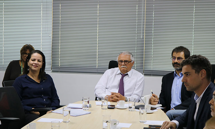 Foto da mesa de reunião, destacando Mário Gordilho, Adriana Melo e Irani Braga.