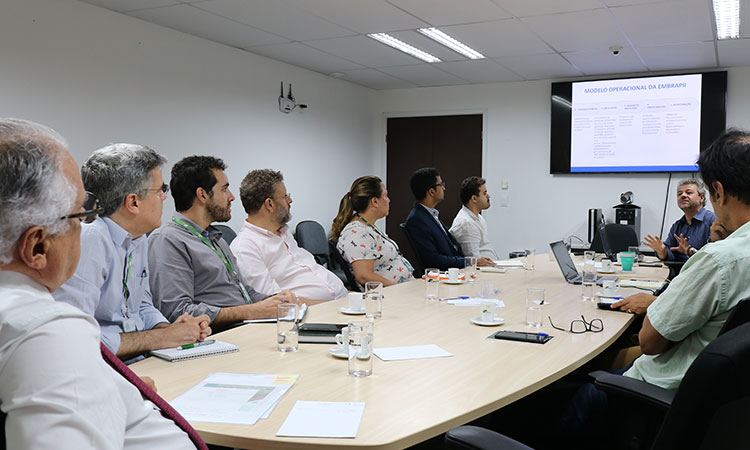 Mesa de reunião com representante da Embrapii, servidores e superintendente da Sudene.