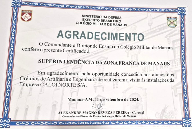 Certificado recebido na visita à Caloi de alunos do CMM