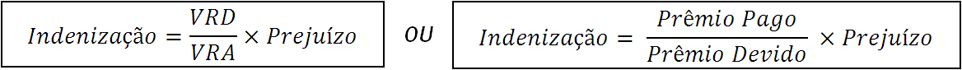 Indenização é igual a VRD sobre VRA vezes Prejuízo ou Indenização é igual a Prêmio Pago sobre Prêmio Devido vezes Prejuízo