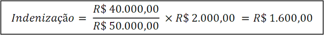 Indenização é igual a 40 mil reais sobre 50 mil reais vezes 2 mil reais, que é igual a mil e seiscentos reais