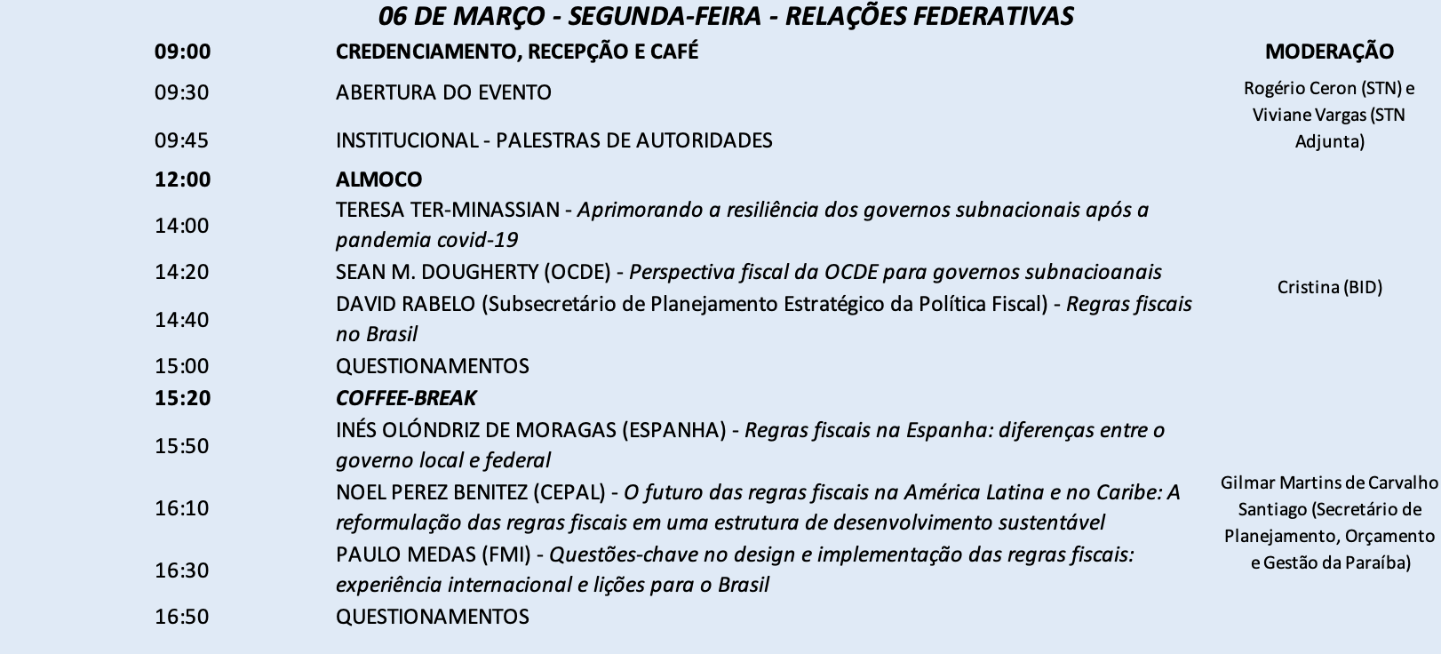 1º Seminário Internacional de Finanças Públicas dos Entes Subnacionais - Programação Dia 6